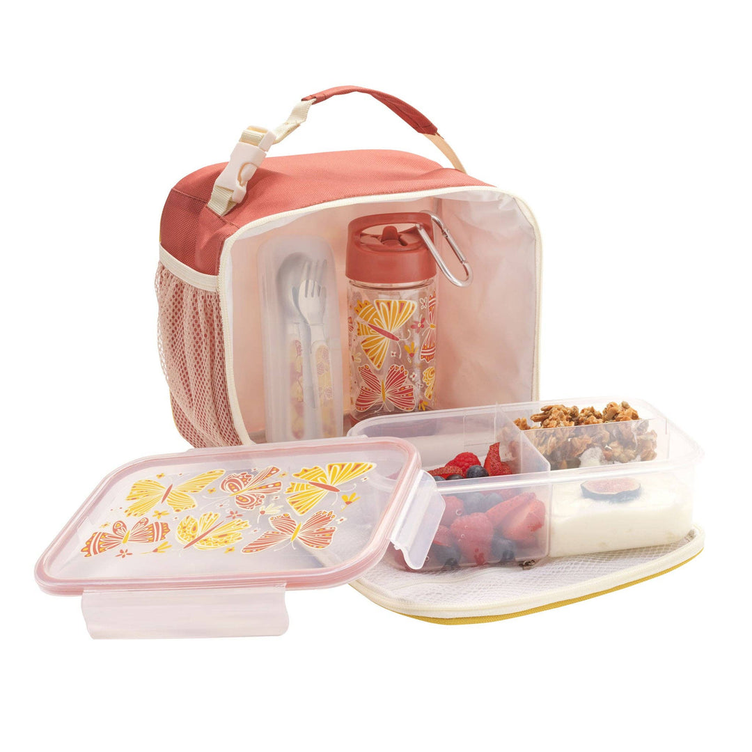 super zip suggarbooger toddler lunch tote with coral pink boho butterfly pattern and insulated inside