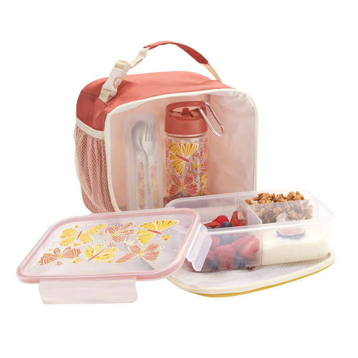 super zip suggarbooger toddler lunch tote with coral pink boho butterfly pattern and insulated inside