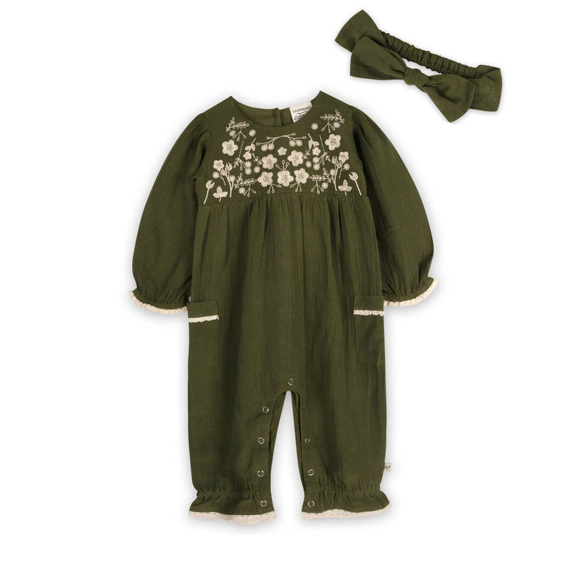 Viverano Organics Olive Green baby jumpsuit with floral embroidery and matching headband