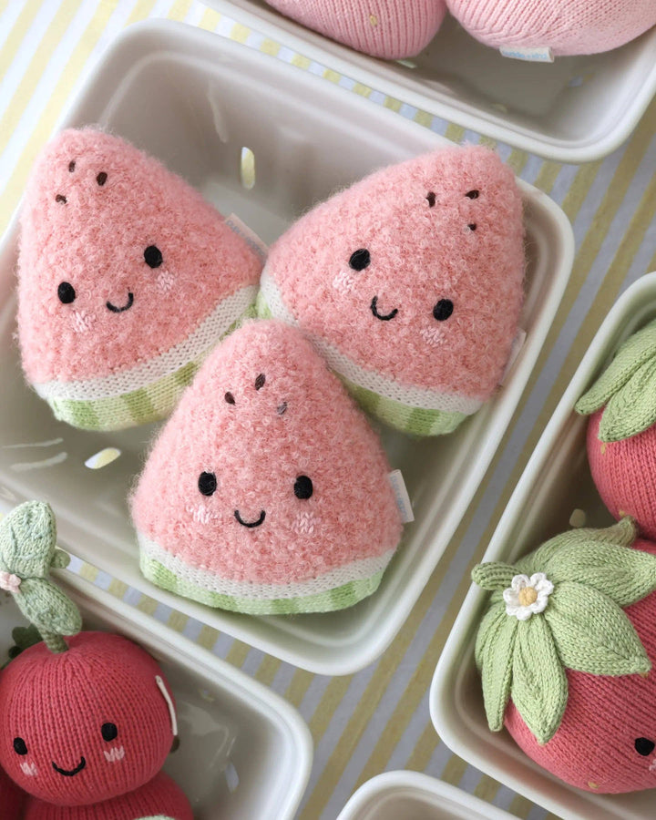 Baby Watermelon by Cuddle + Kind, a 7-inch knit watermelon plush toy that gives 5 meals