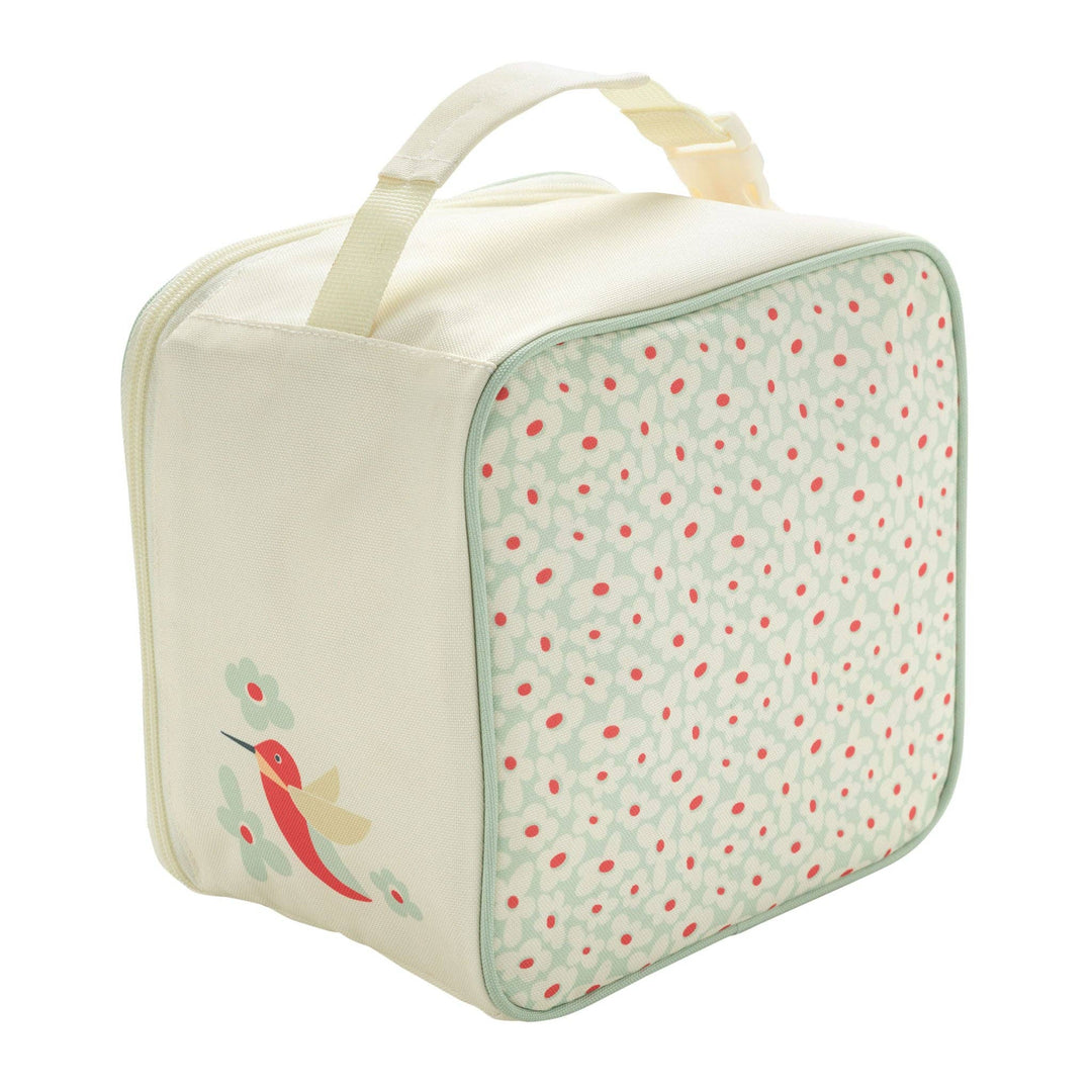 back of sugarbooger hummingbird zip kids lunch box with red and mint green flowers on cream background