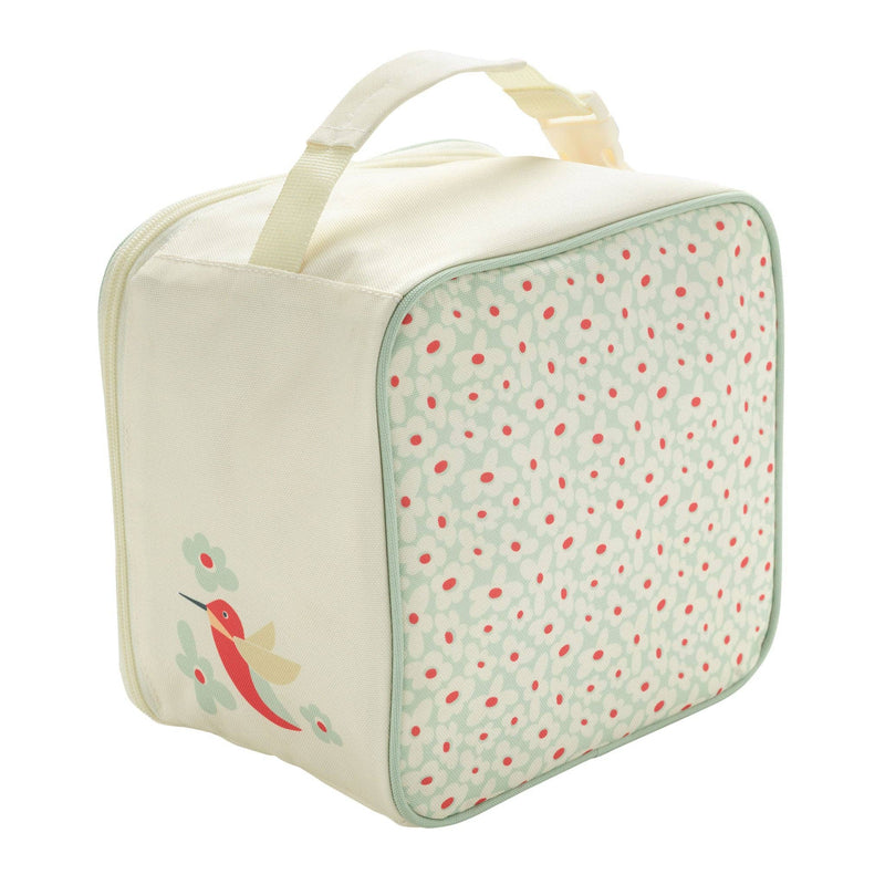back of sugarbooger hummingbird zip kids lunch box with red and mint green flowers on cream background