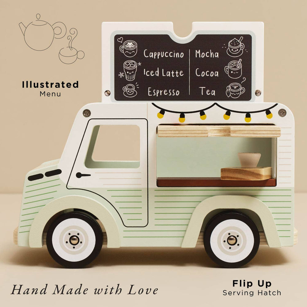 Le Toy Van Mobile Café Van with flip up serving hatch open and illustrated chalkboard menu, hand made wooden food truck toy