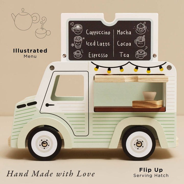 Le Toy Van Mobile Café Van with flip up serving hatch open and illustrated chalkboard menu, hand made wooden food truck toy