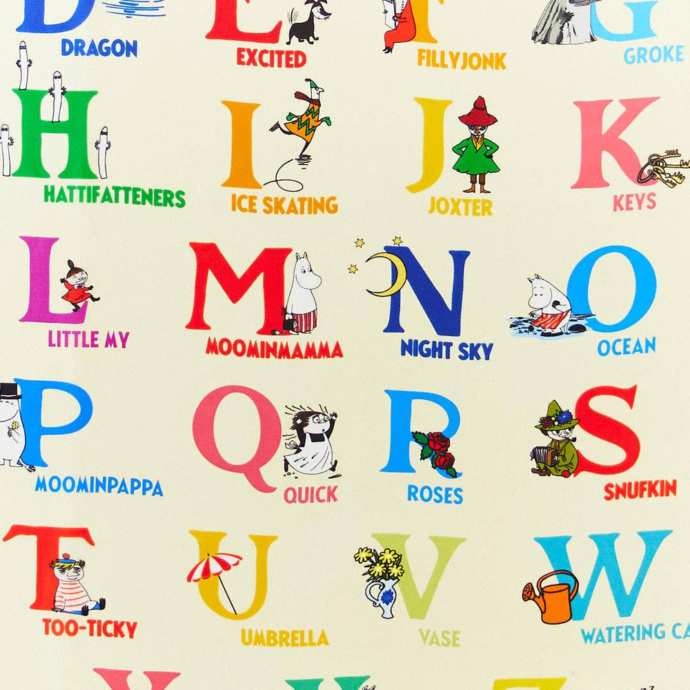 A close up of the Moomin Alphabet Playsilk reveals hand illustrated letters from H to W