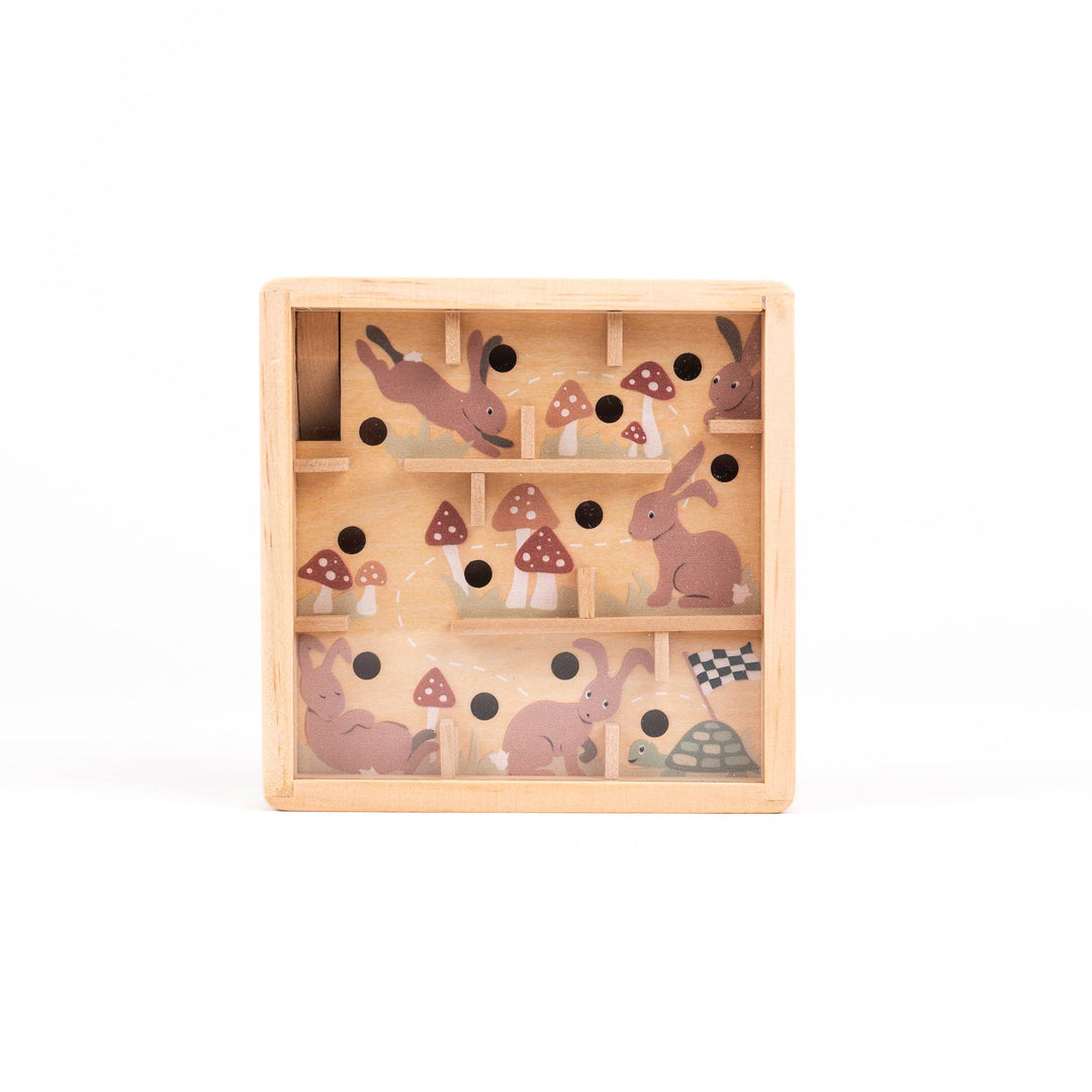 A single rabbit themed Mini Wooden Labyrinth by Egmont displays its steel ball maze up close