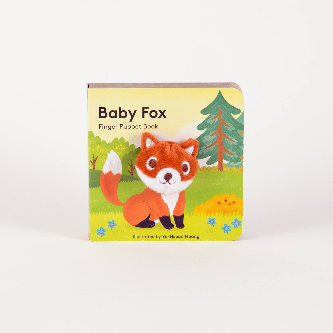 Side view of Baby Fox Finger Puppet Book showing plush fox puppet detail