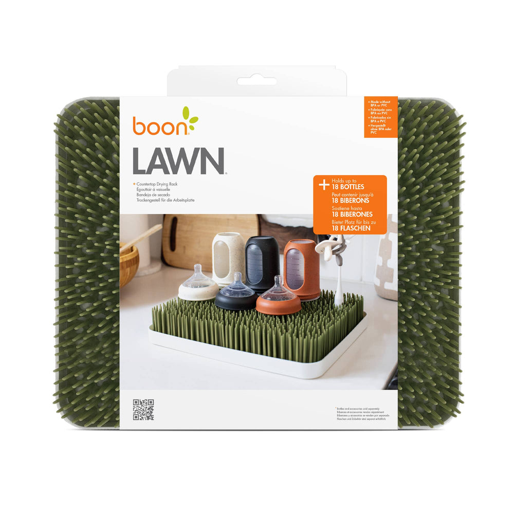 Sage green baby bottle drying rack by Boon, Lawn with flexible grass blades for bottles and pump parts