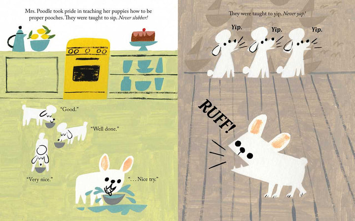 Interior spread from Gaston by Kelly DiPucchio showing bulldog and poodle family