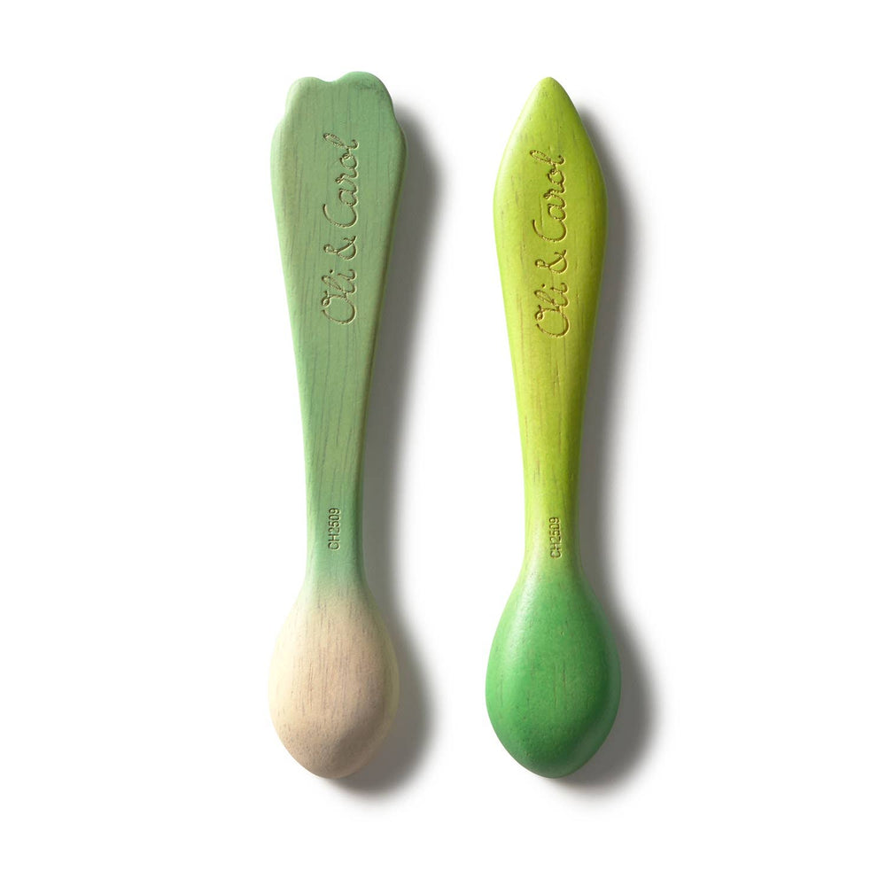Green Hevea wood Leek and Kale baby spoons by Oli and Carol