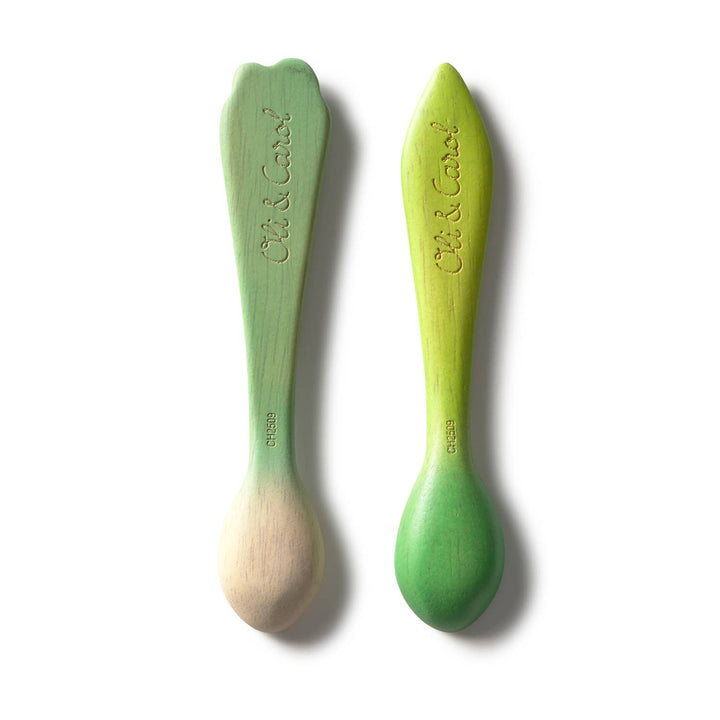 Green Hevea wood Leek and Kale baby spoons by Oli and Carol