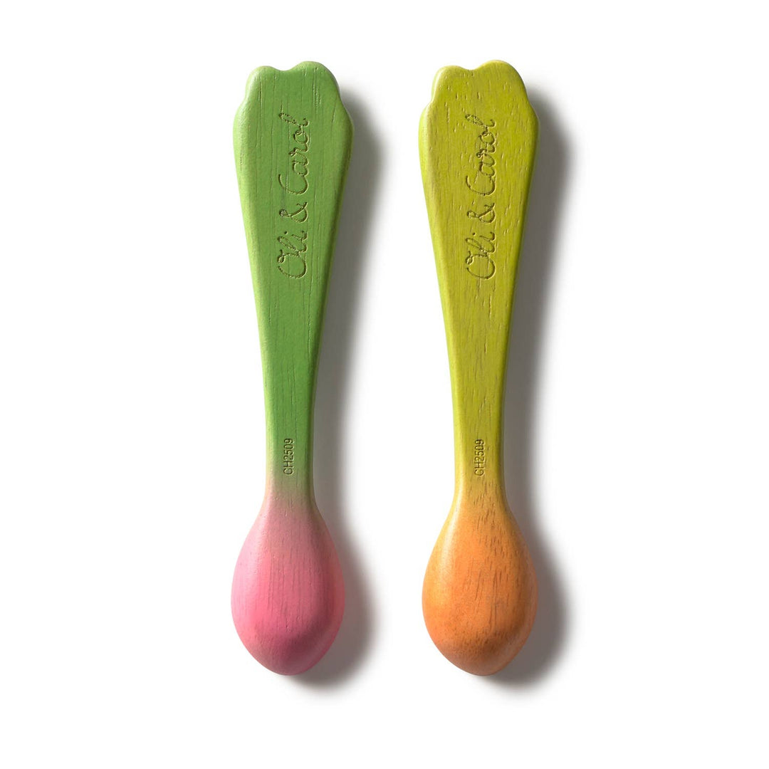 Oil & Carol Carrot and Radish spoons back view, colorful baby feeding utensils for first foods, toddler meals, and baby led weaning