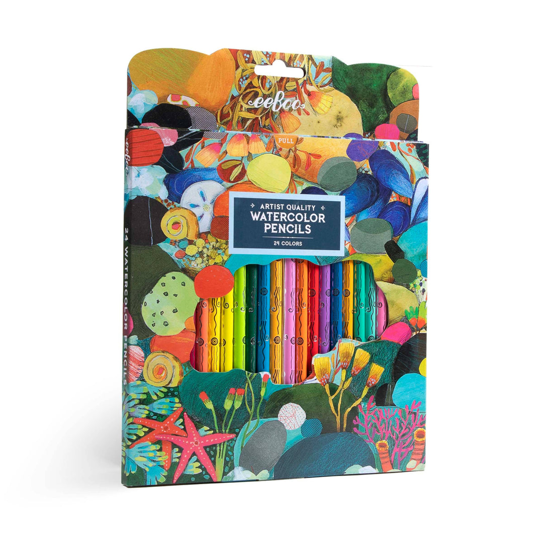 eeBoo Tidepool 24 Watercolor Pencils in illustrated ocean-themed box by Melissa Sweet