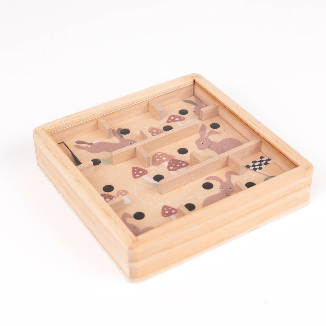 A tilted view of the car maze shows depth inside this Mini Wooden Labyrinth by Egmont