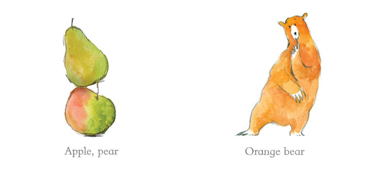 Bear juggling fruit spread from Orange Pear Apple Bear early concepts toddler book
