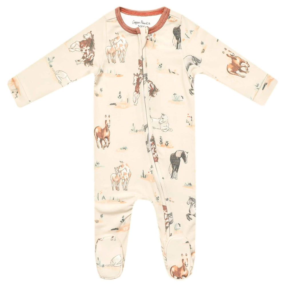 Copper Pearl Montana baby footie pajama flat lay, zip-up infant sleepwear with footed design for cozy nights and everyday wear