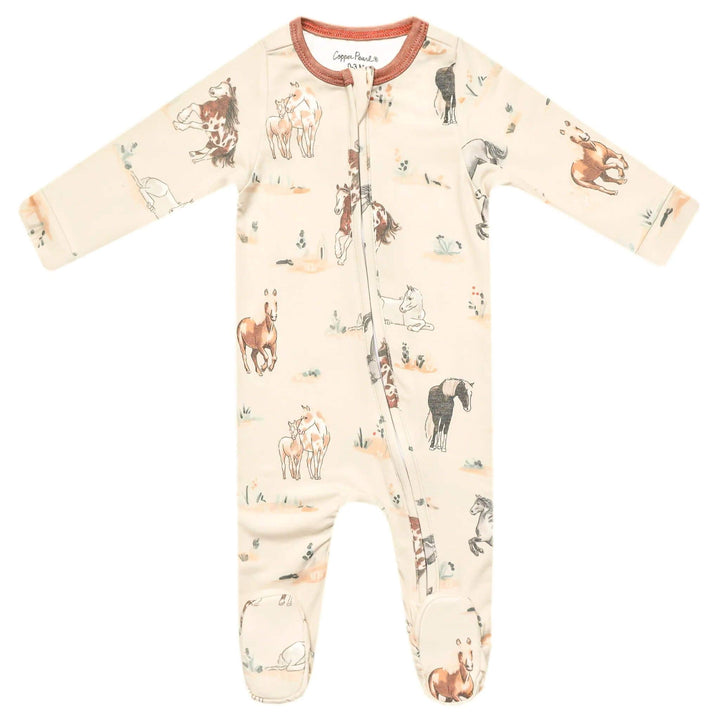 Copper Pearl Montana baby footie pajama flat lay, zip-up infant sleepwear with footed design for cozy nights and everyday wear
