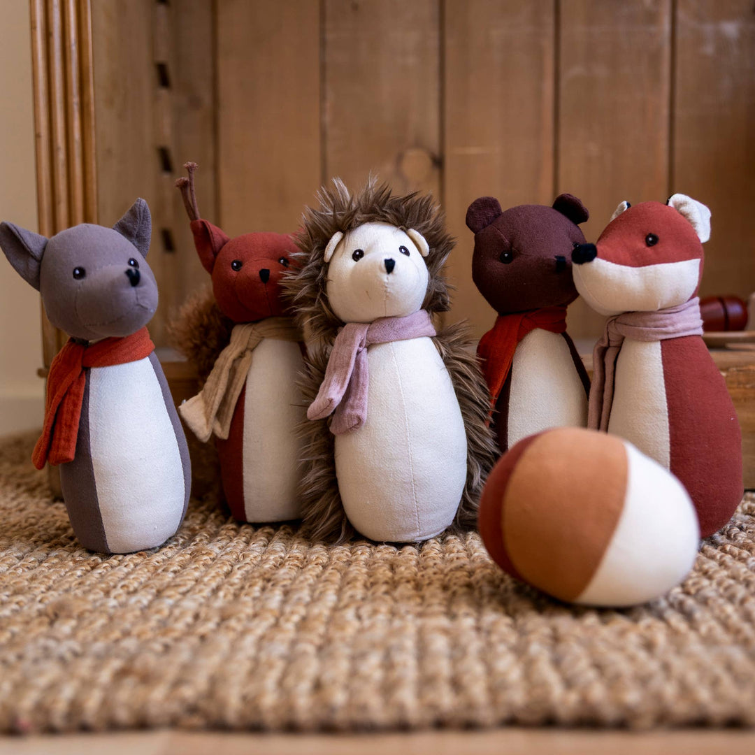 stuffed animal play pretend bowling set by egmont toys pictured on rug