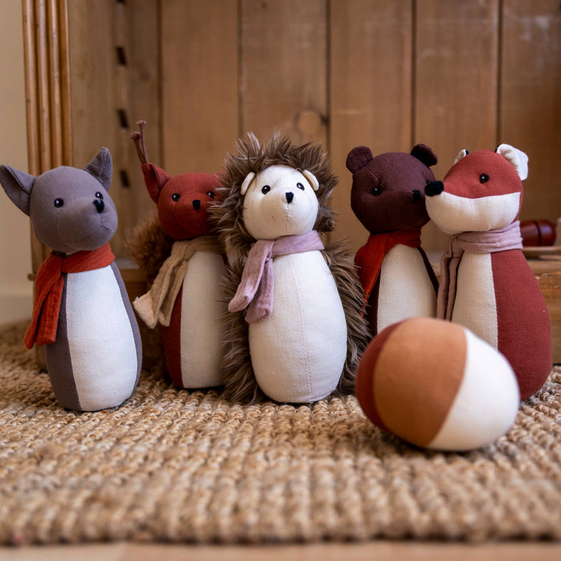 stuffed animal play pretend bowling set by egmont toys pictured on rug