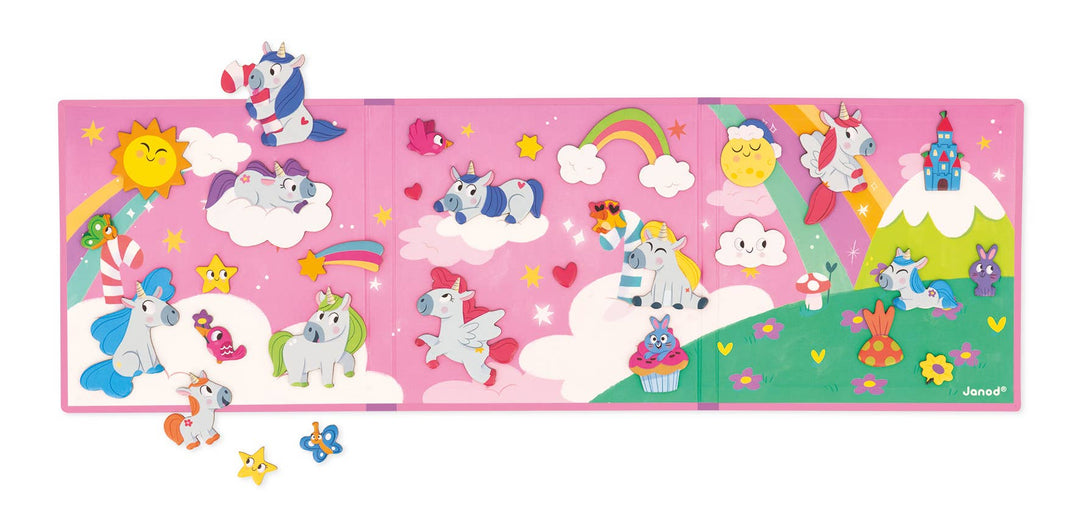 Magnet toys for kids unicorn scene by Janod with clouds, rainbow, and pegasus magnets