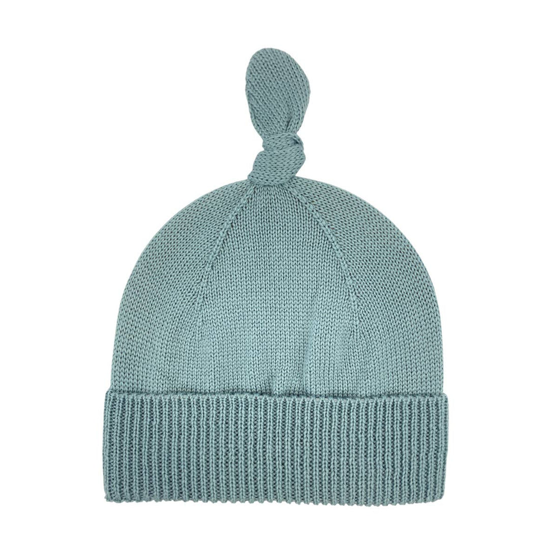 Green Merino Wool Top Knot Baby Beanie by ALIAP, sage knit hat for infants, natural fiber baby accessory
