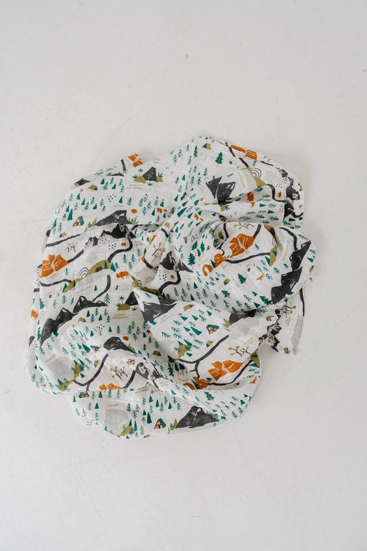 Beautiful Clementine Kids Swaddle in National Parks Mini Pattern crafted with muslin swaddle blanket fabric.