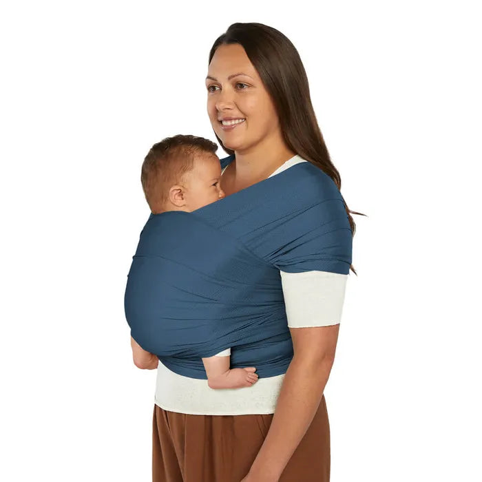Navy mesh style meets function in the Ergobaby Aura Baby Wrap, a breathable baby carrier wrap for all-day wear.