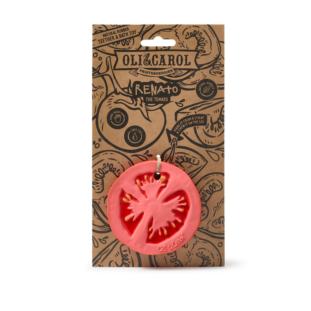 Oil & Carol Renato the Tomato teether in packaging, baby teething toy gift for infants, sensory development, and natural play