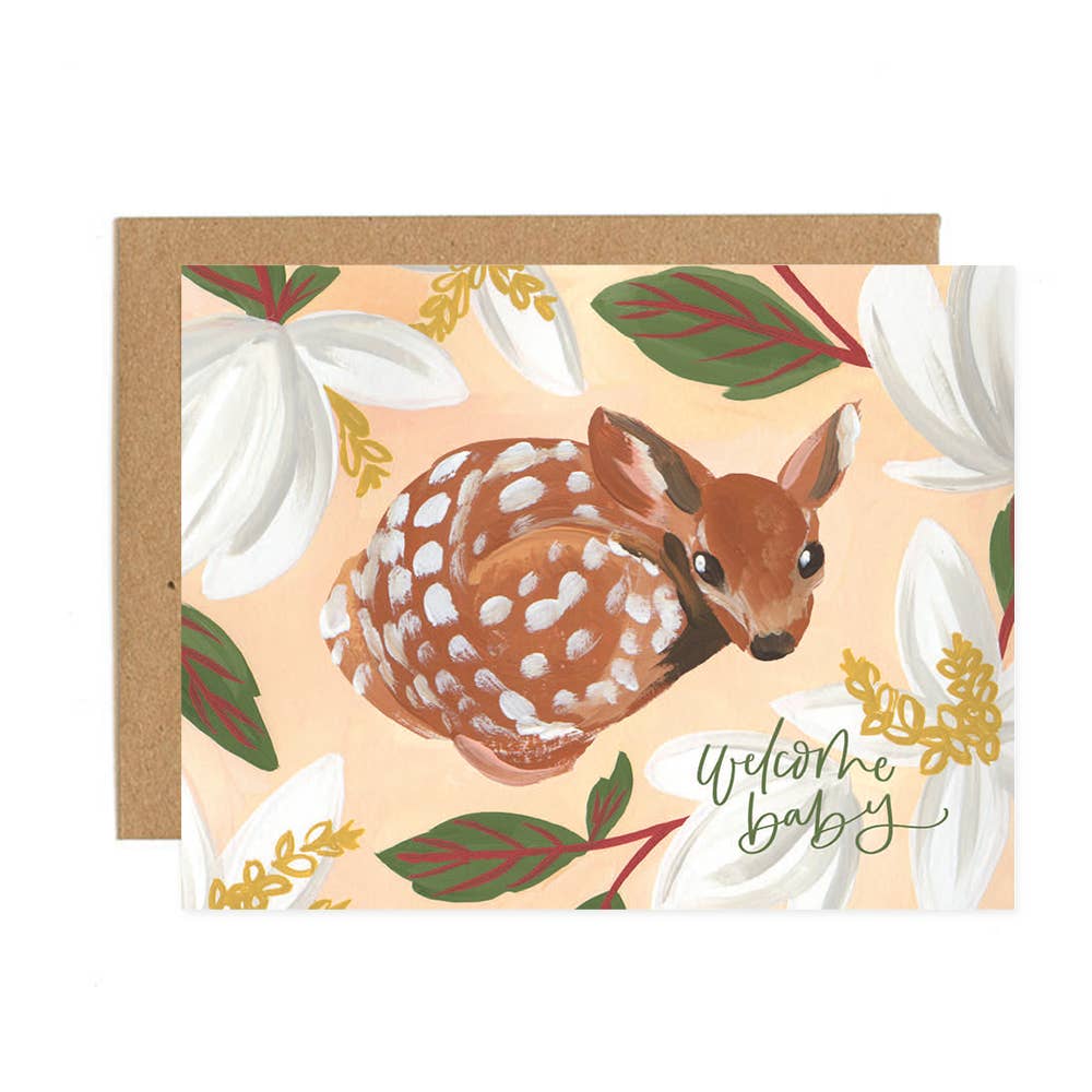 1canoe2 Welcome Baby Fawn greeting card featuring a floral deer design, hand-painted new baby card with envelope