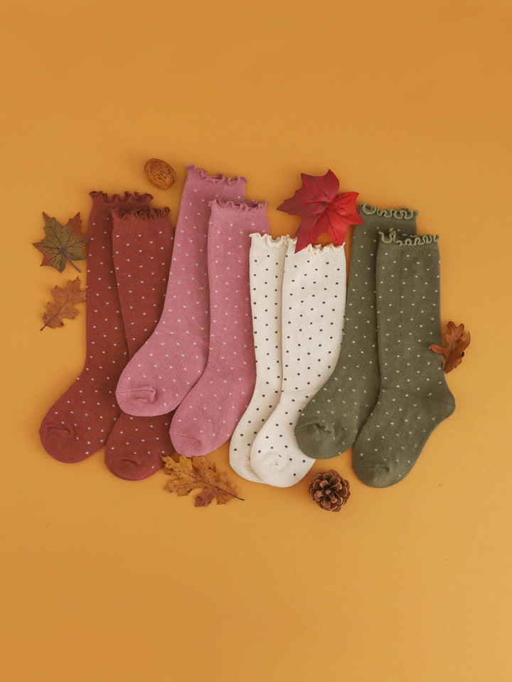 Little Stocking Co. Dottie Knee Socks in Old Rose shown with coordinating fall colorways, ruffle knee socks