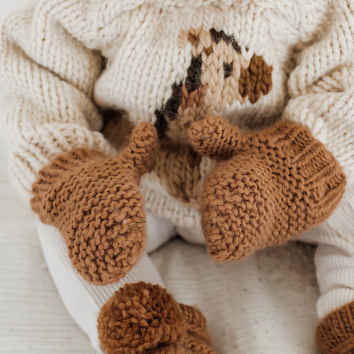 Natural-colored Huggalugs Garter Stitch Mittens for Toddlers & Kids, cute and snug toddler mittens for everyday wear.
