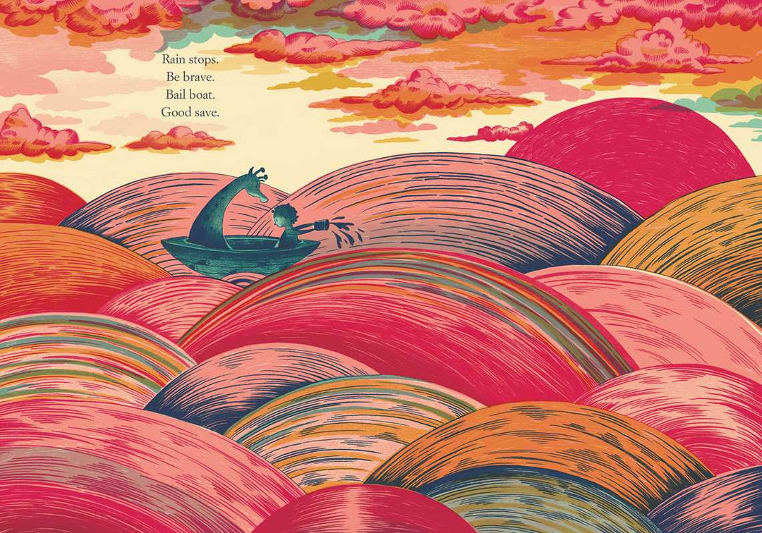Yellow Kayak hardcover page showing a sunset sea voyage over rolling waves, Simon & Schuster