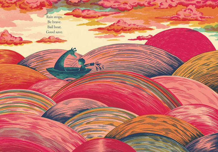 Yellow Kayak hardcover page showing a sunset sea voyage over rolling waves, Simon & Schuster