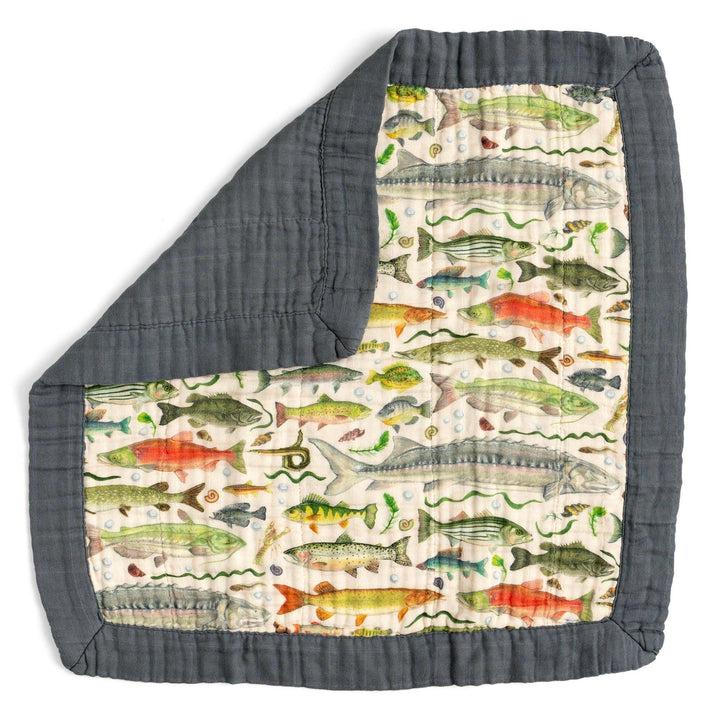 1canoe2 Freshwater Fish muslin baby blanket folded to show fish print lining and soft gray lovey backing