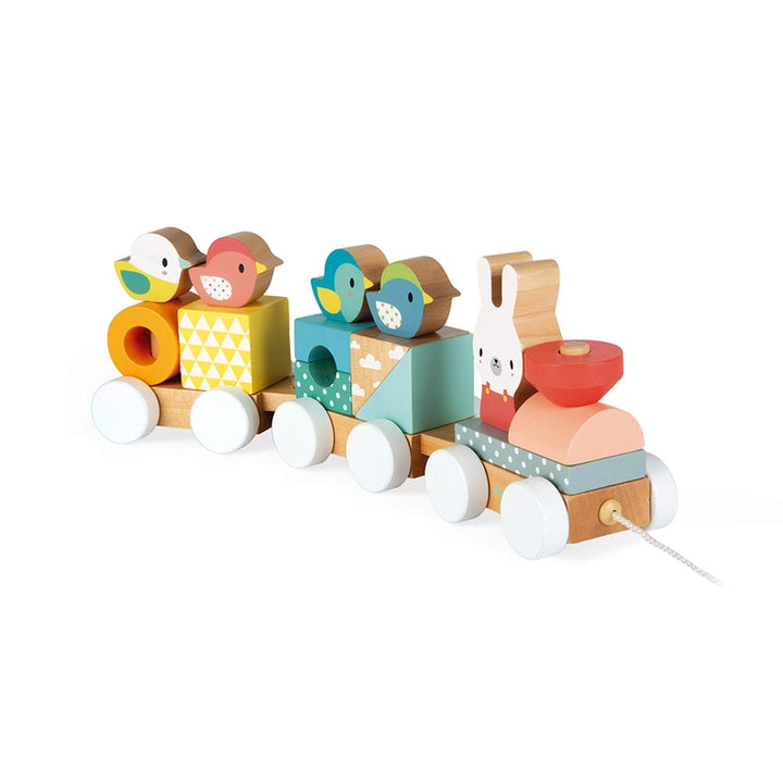 All aboard the Janod Pure Train, a colorful wooden toy designed to spark imagination and motor skills.