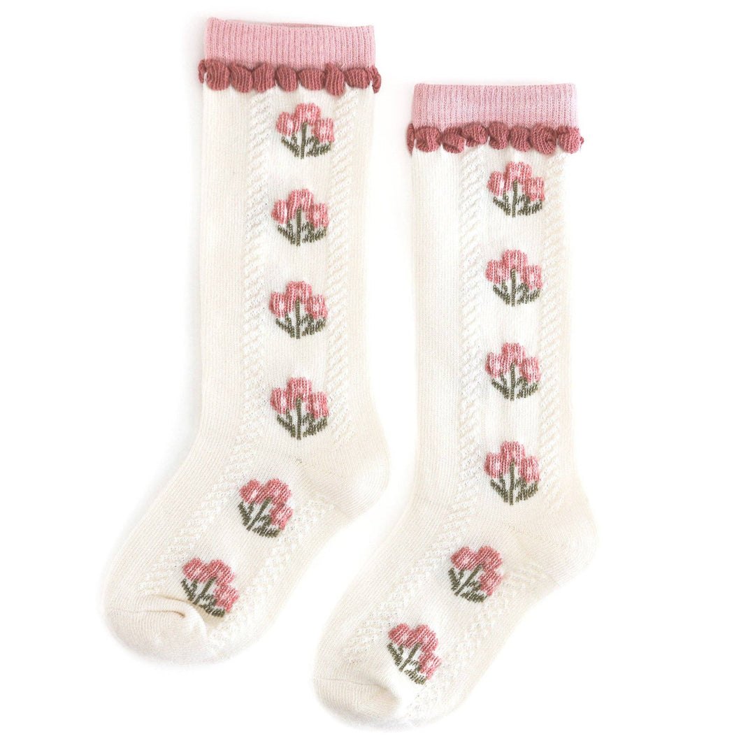 Little Stocking Co. Posie Knee Socks in Old Rose, floral knit knee-high socks for baby girls