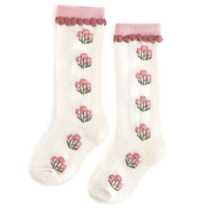 Little Stocking Co. Posie Knee Socks in Old Rose, floral knit knee-high socks for baby girls