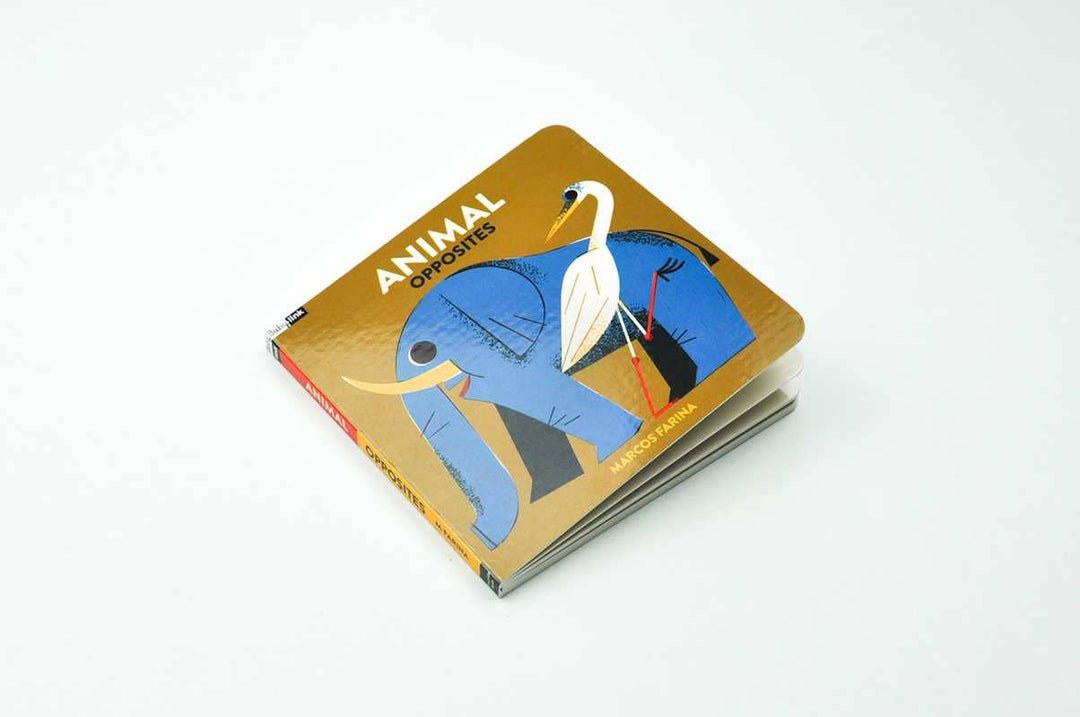 Interior spread showing animal size opposites in Babylink board book by Marcos Farina