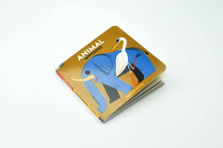 Interior spread showing animal size opposites in Babylink board book by Marcos Farina