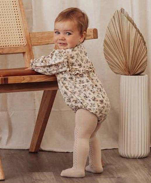Olive & Cradle French Lace Cotton Tights on baby – infant wearing ivory lace tights with dress outfit