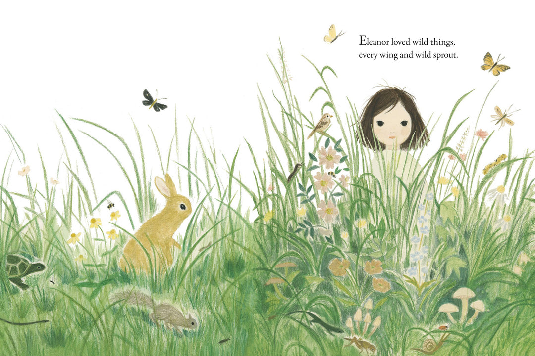 Penguin Random House The Wildest Thing illustration of a girl in a wildflower meadow with a rabbit, imagination book for kids