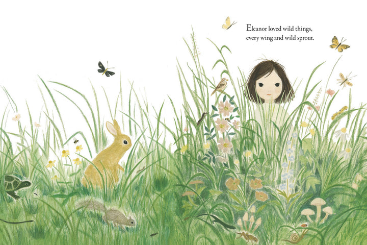 Penguin Random House The Wildest Thing illustration of a girl in a wildflower meadow with a rabbit, imagination book for kids