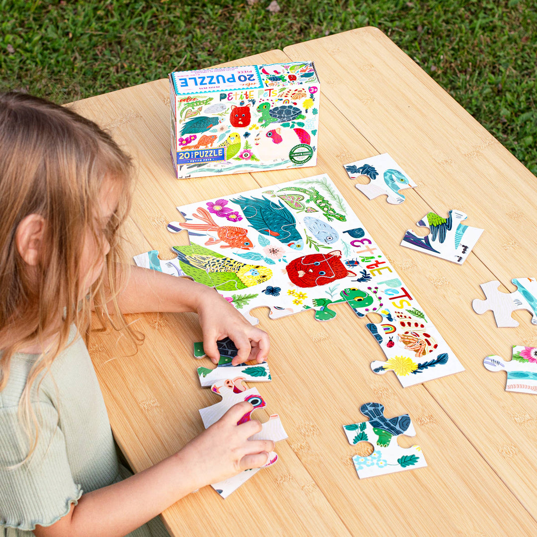 eeBoo Petite Pets puzzle box open showing double-coated thick puzzle pieces for ages 3+