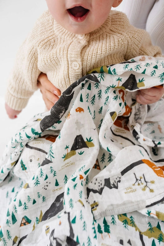 Soft Clementine Kids Swaddle in National Parks Mini Pattern print perfect as baby swaddle blankets.