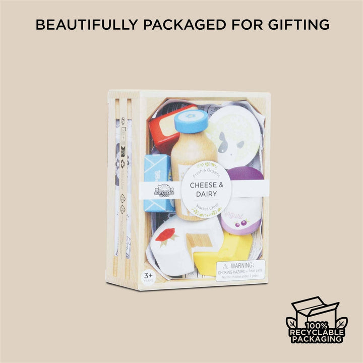 Little ones can explore grocery play creatively with the Le Toy Van Cheese & Dairy Wooden Market Crate, a kids toy.