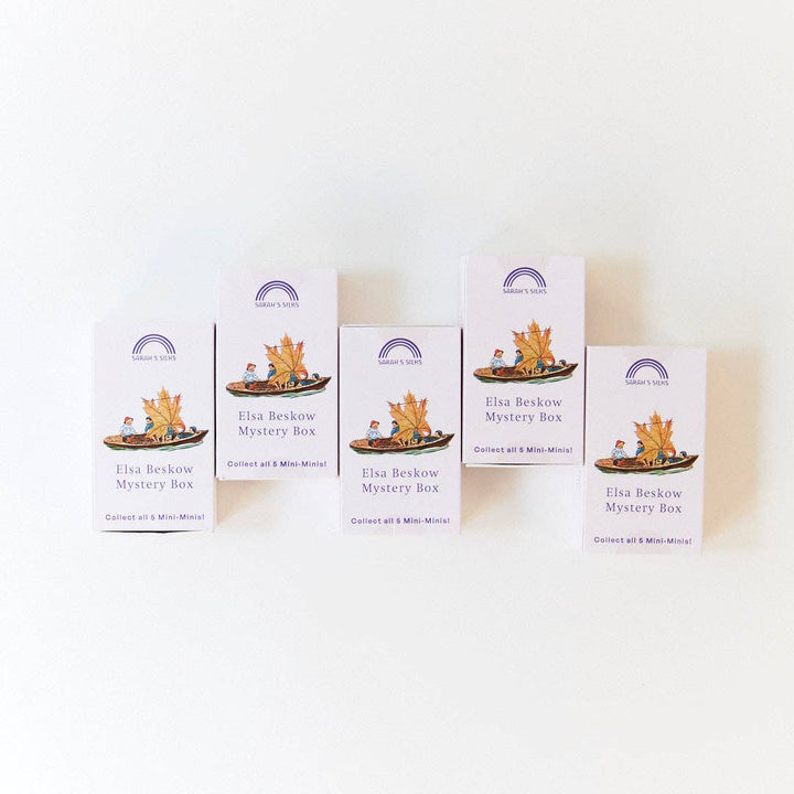 Five Elsa Beskow Mini Mystery Playsilk boxes line up together, each one a Sarah's Silks surprise