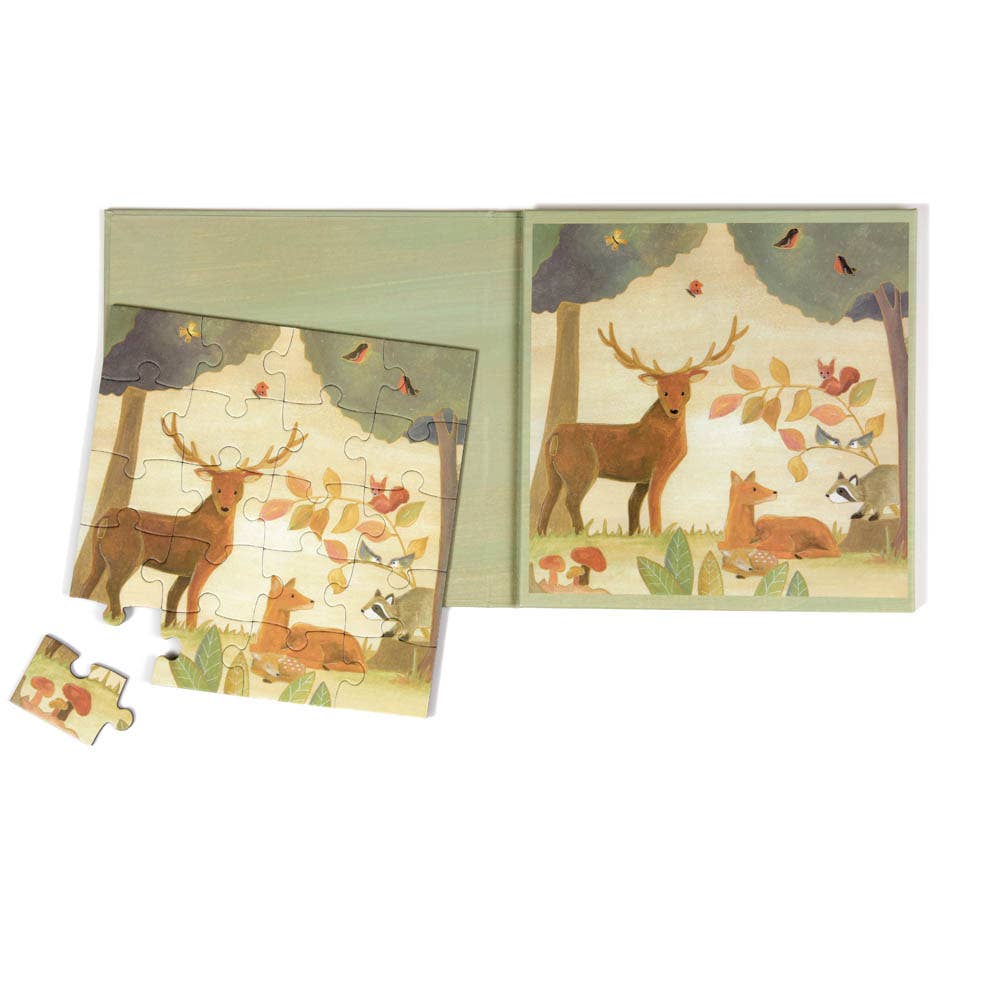 Two finished Forest Magnetic Puzzle scenes by Egmont sit side by side showing owls, rabbits, and mushrooms