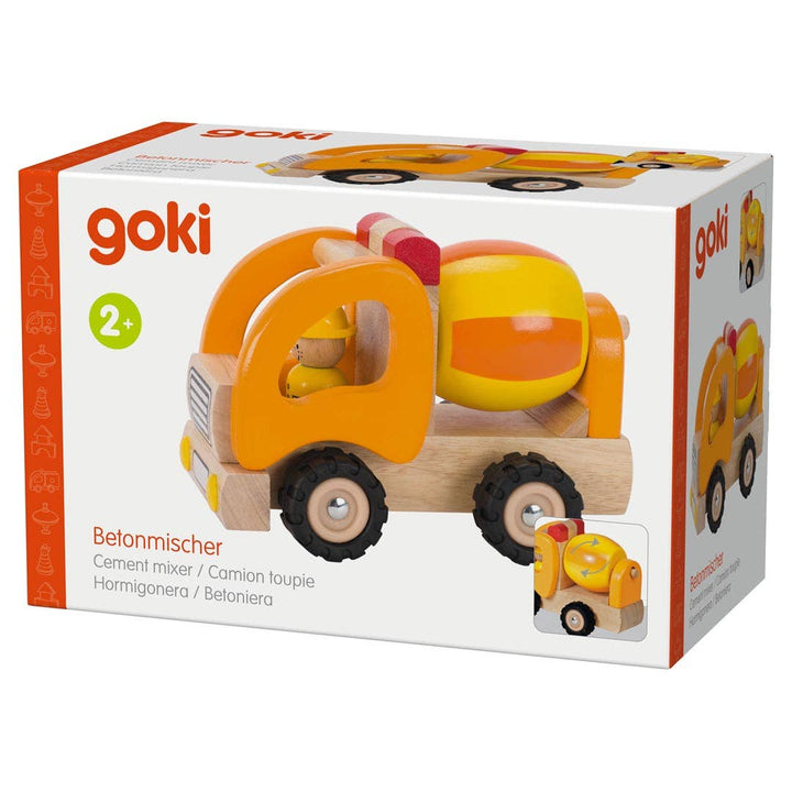 Montessori cement mixer toy with rubber wheels by Goki