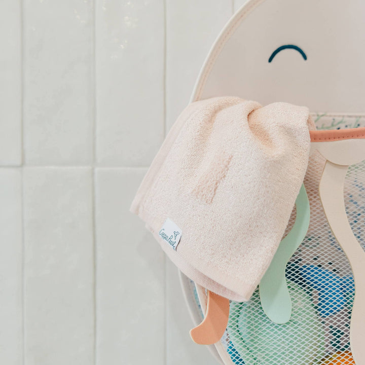 Copper Pearl Cora bath toy organizer with towel detail, baby bath storage for washcloths and bath essentials