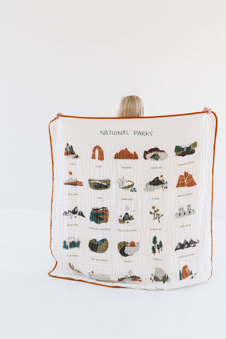 Clementine Kids National Parks II Quilt in soft muslin blankets, perfect for baby snuggles and cozy naps.